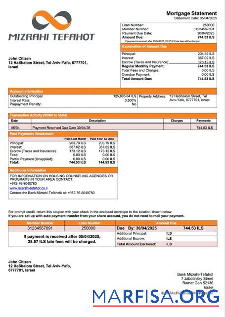 Blank Israel Bank Mizrahi Tefahot mortgage statement Word and PDF template